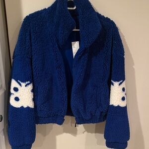 Urban Outfitters women’s Royal Blue Sherpa Jacket with White Sleeve Detail
